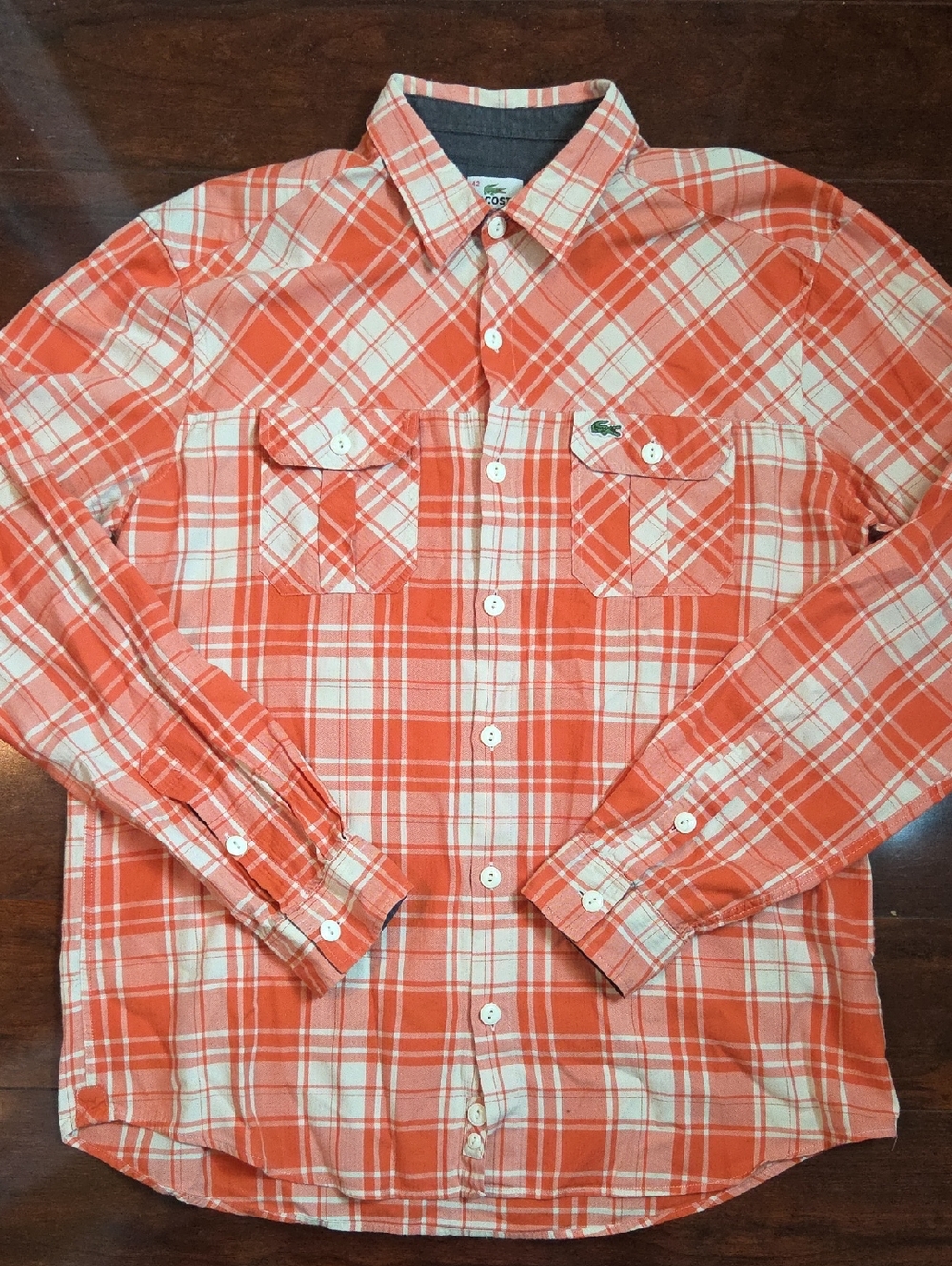 Lacoste Slim Fit Orange and Cream Plaid Button-Down Shirt